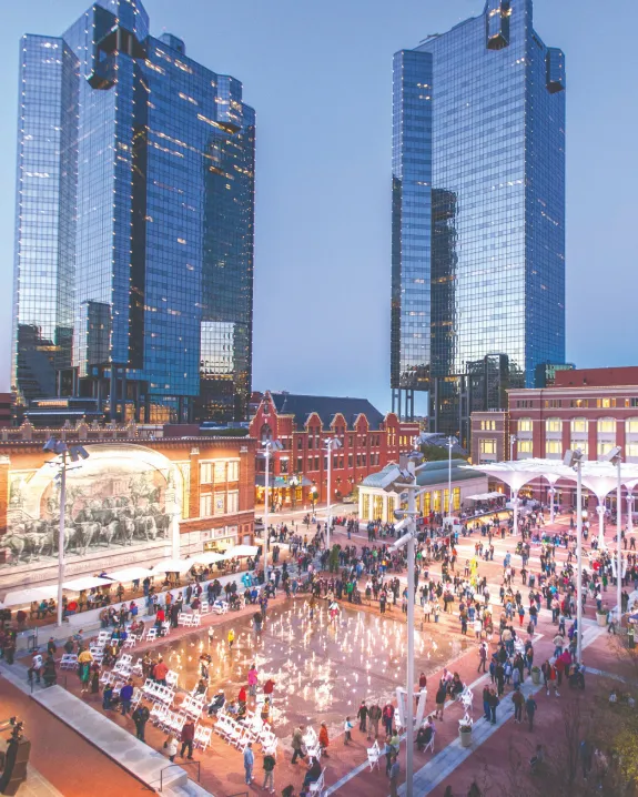 Sundance Square in Fort Worth, TX close to The Nobleman Hotel.